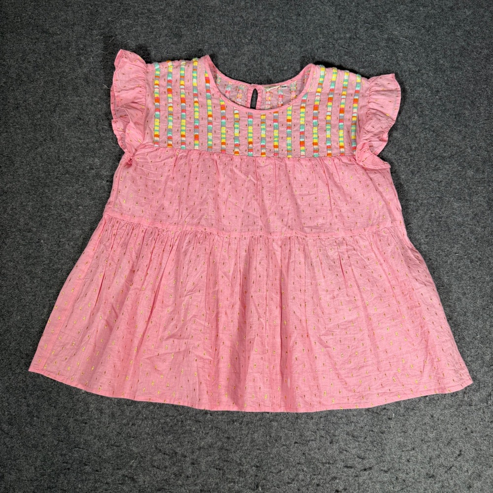 Ivy Jane Pink Embroidered Babydoll Top‎ XS Gold Clip Dot Ruffle Sleeve Boho 1051
